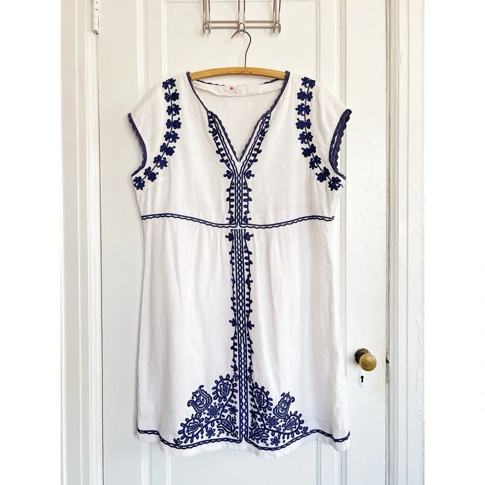 Boden White and Blue Cap Sleeve Sheath Dress - Picture 2 of 13